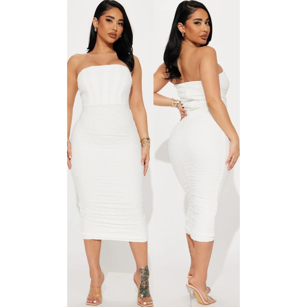 NWT Fashion Nova Tulisa Midi Dress - White Ruched Strapless Bodycon Size Small